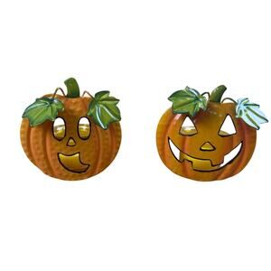 2 Vintage Jack-O-Lantern Tealight Candle Metal Tin Holders‎ Removable Glass Cups